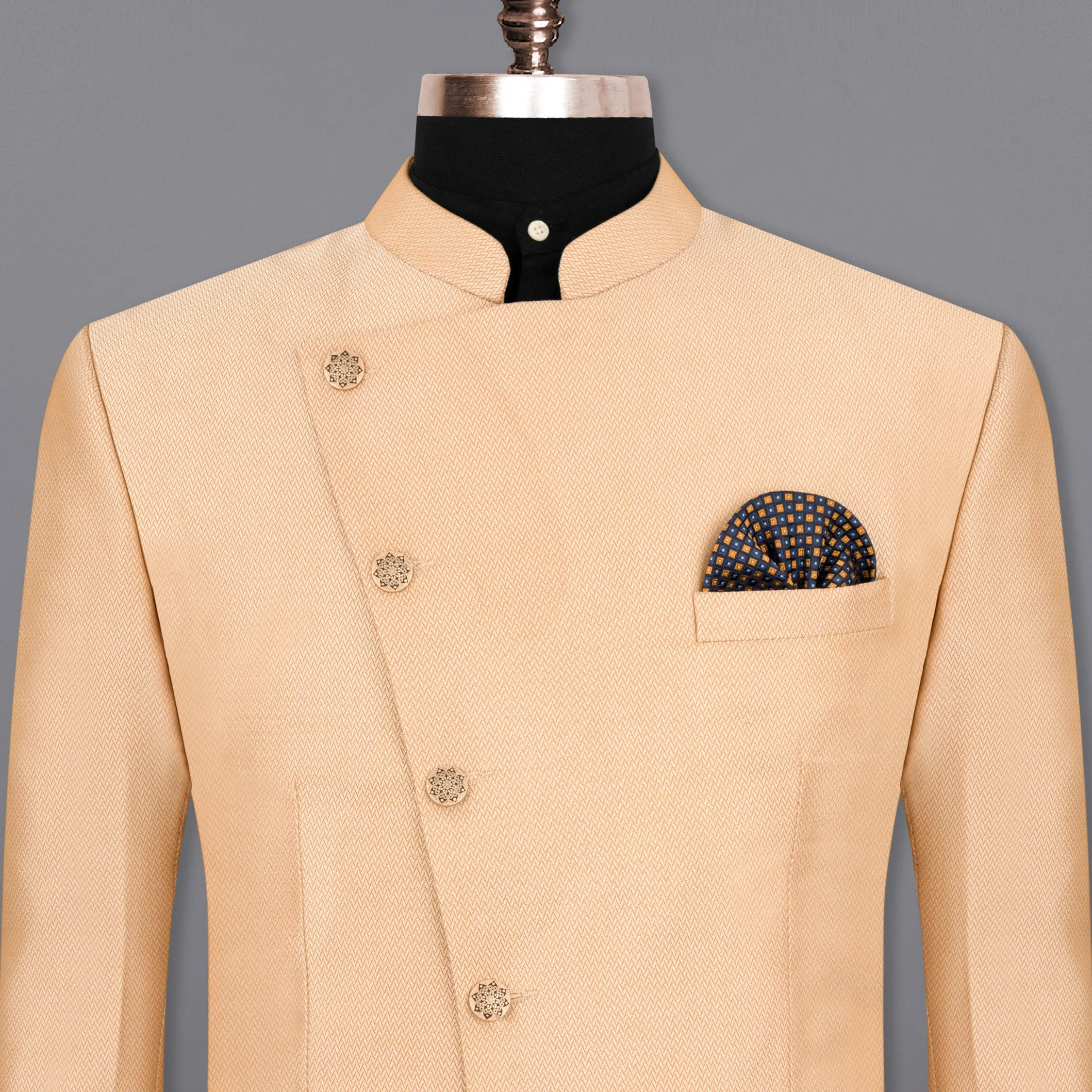 Maize Chevron Textured Cross Buttoned Bandhgala Designer Blazer