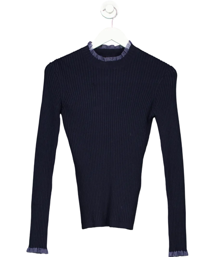 Maje Blue Ribbed Frill Collar & Cuff Top UK 10