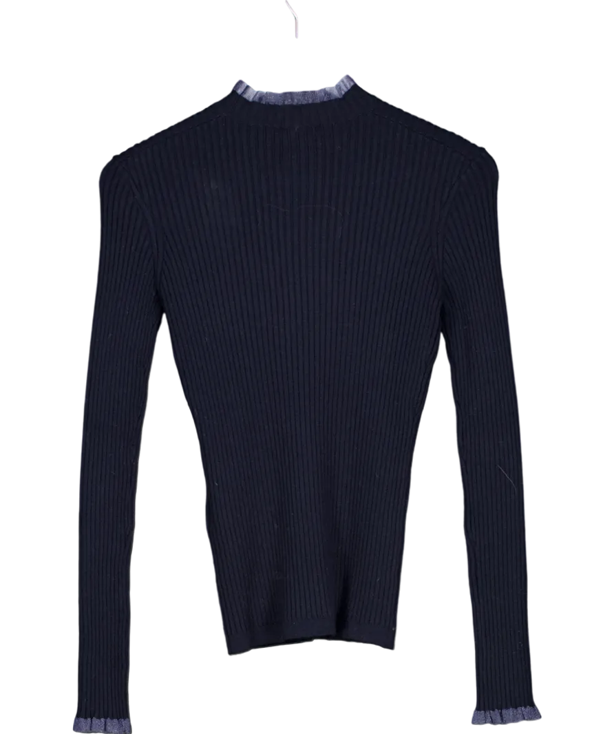 Maje Blue Ribbed Frill Collar & Cuff Top UK 10