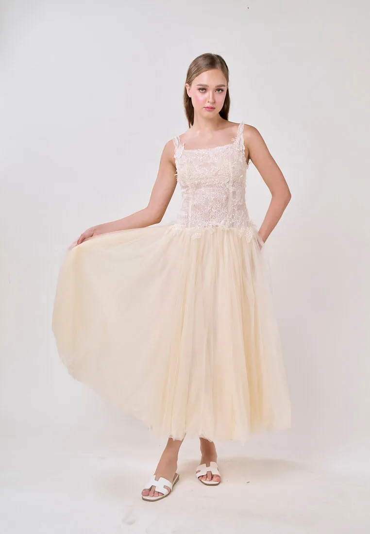 Malani Cream Sleeveles Lace Top Tulle Skirt Maxi Dress