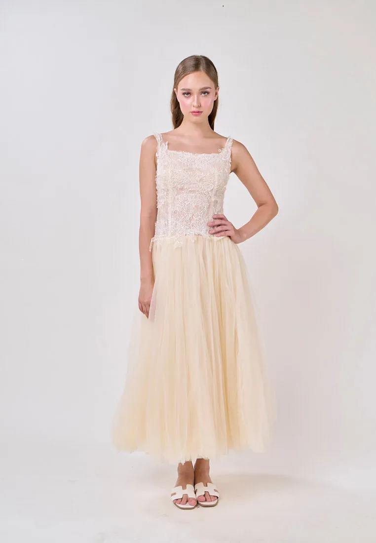 Malani Cream Sleeveles Lace Top Tulle Skirt Maxi Dress