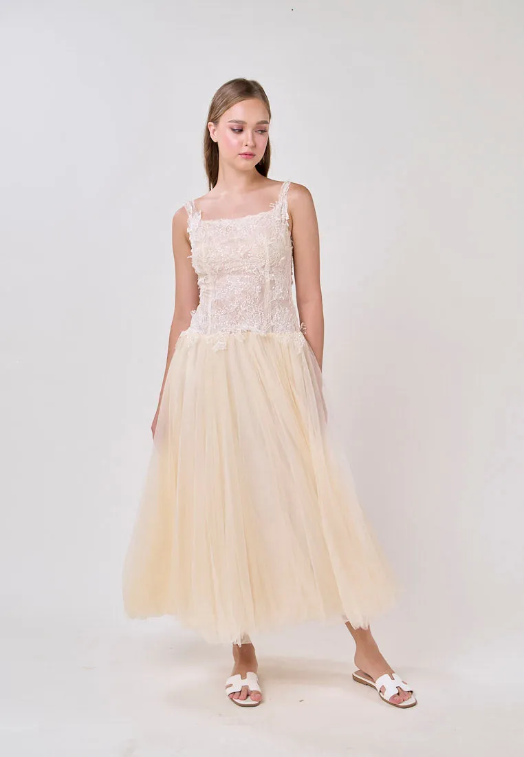 Malani Cream Sleeveles Lace Top Tulle Skirt Maxi Dress