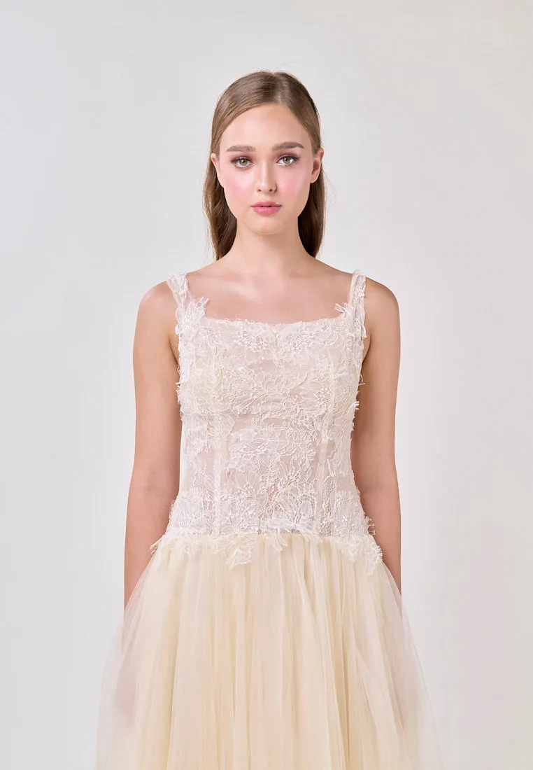 Malani Cream Sleeveles Lace Top Tulle Skirt Maxi Dress