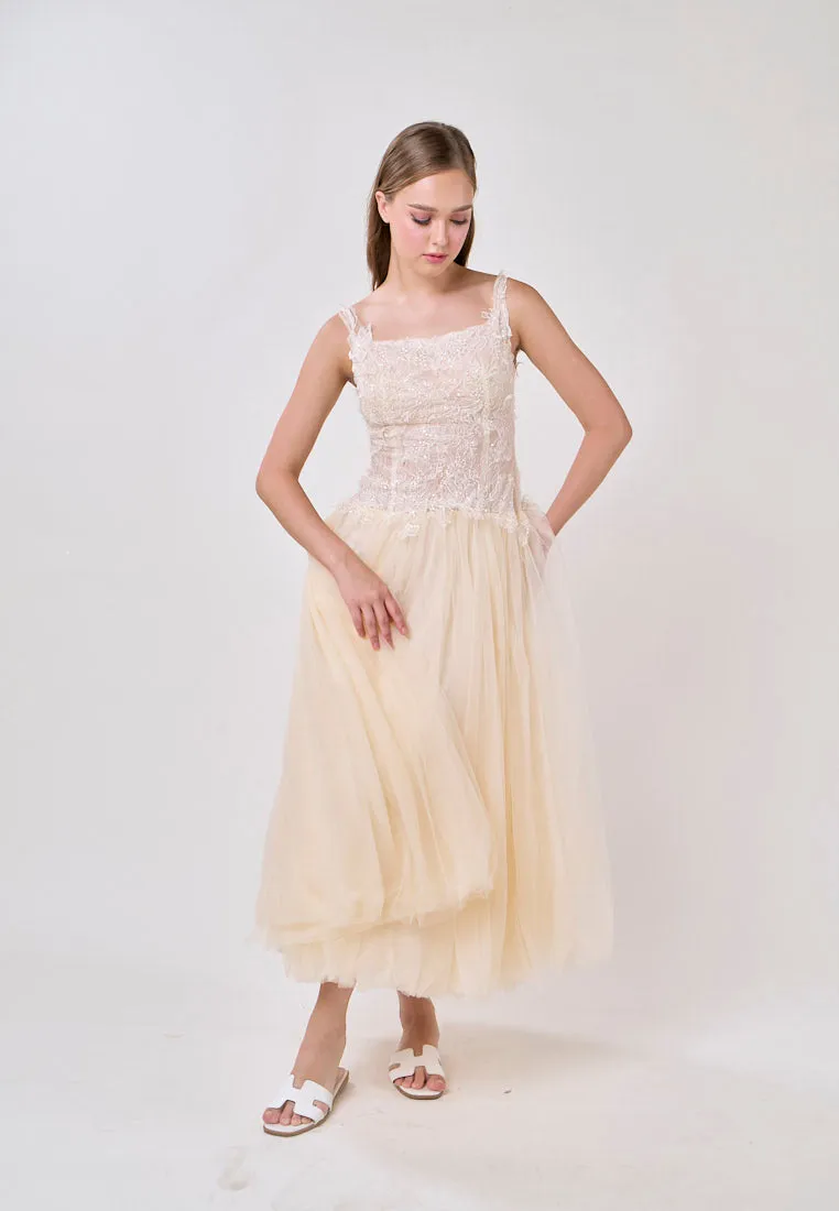 Malani Cream Sleeveles Lace Top Tulle Skirt Maxi Dress