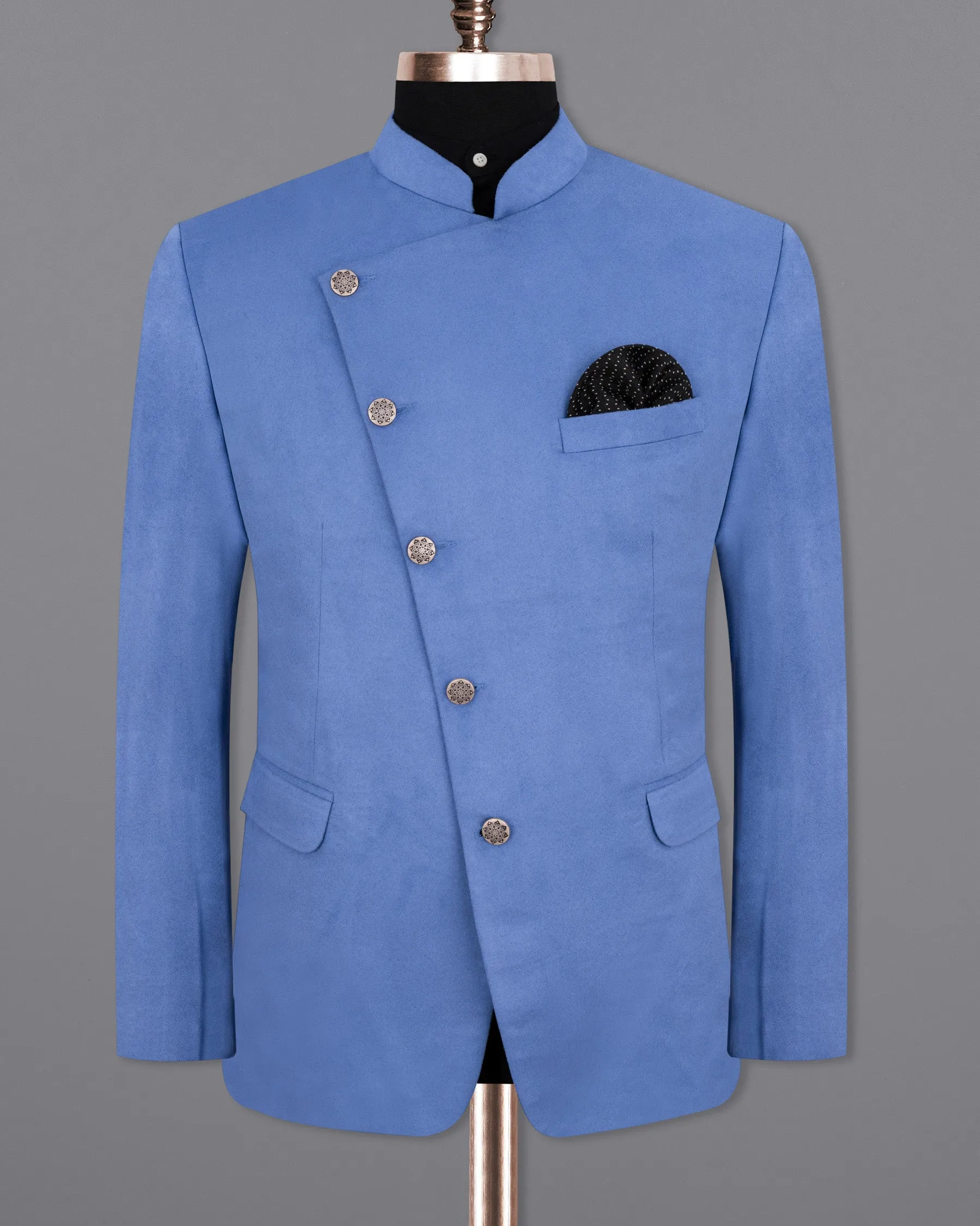 Mariner Blue velvet Cross Buttoned Bandhgala Designer Blazer