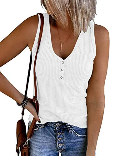 MEROKEETY Women's 2024 Casual Tank Tops Summer Solid Color Ribbed Sleeveless Basic Shirts, White