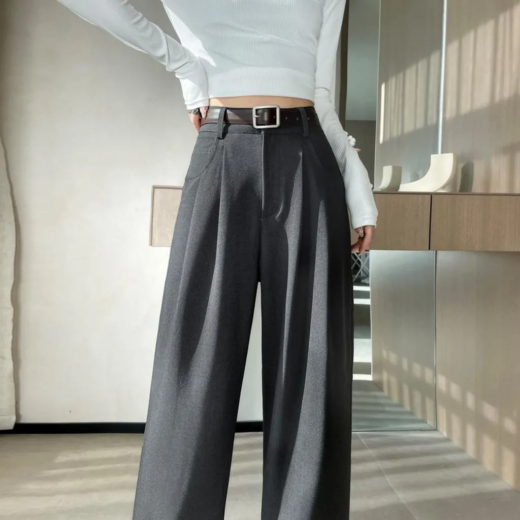 Minimalist Style High Rise Drawstring Waisted Pleated Trousers