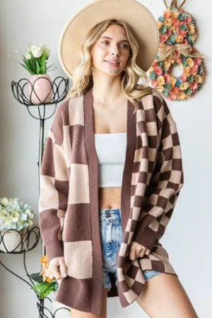 Mocha Multi Checker Ribbed Open Cardigan