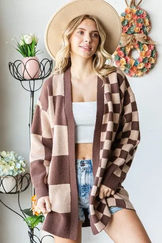 Mocha Multi Checker Ribbed Open Cardigan
