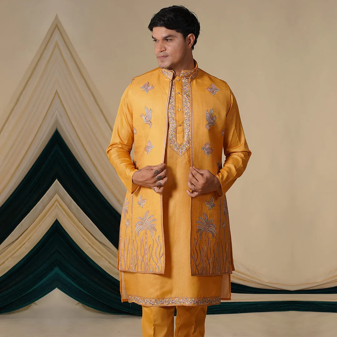 Mustrad Multi-Colour ThreadWork  Embroidery Kurta Set With Jacket