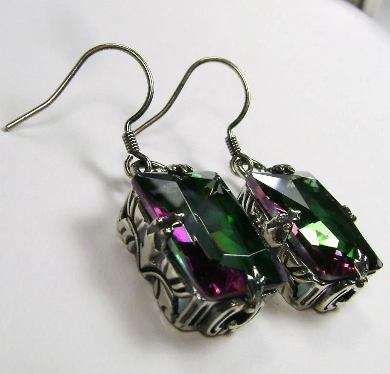 Mystic Topaz Earrings, GL Earrings, Art Deco Sterling Silver Filigree, Vintage Jewelry #E15.