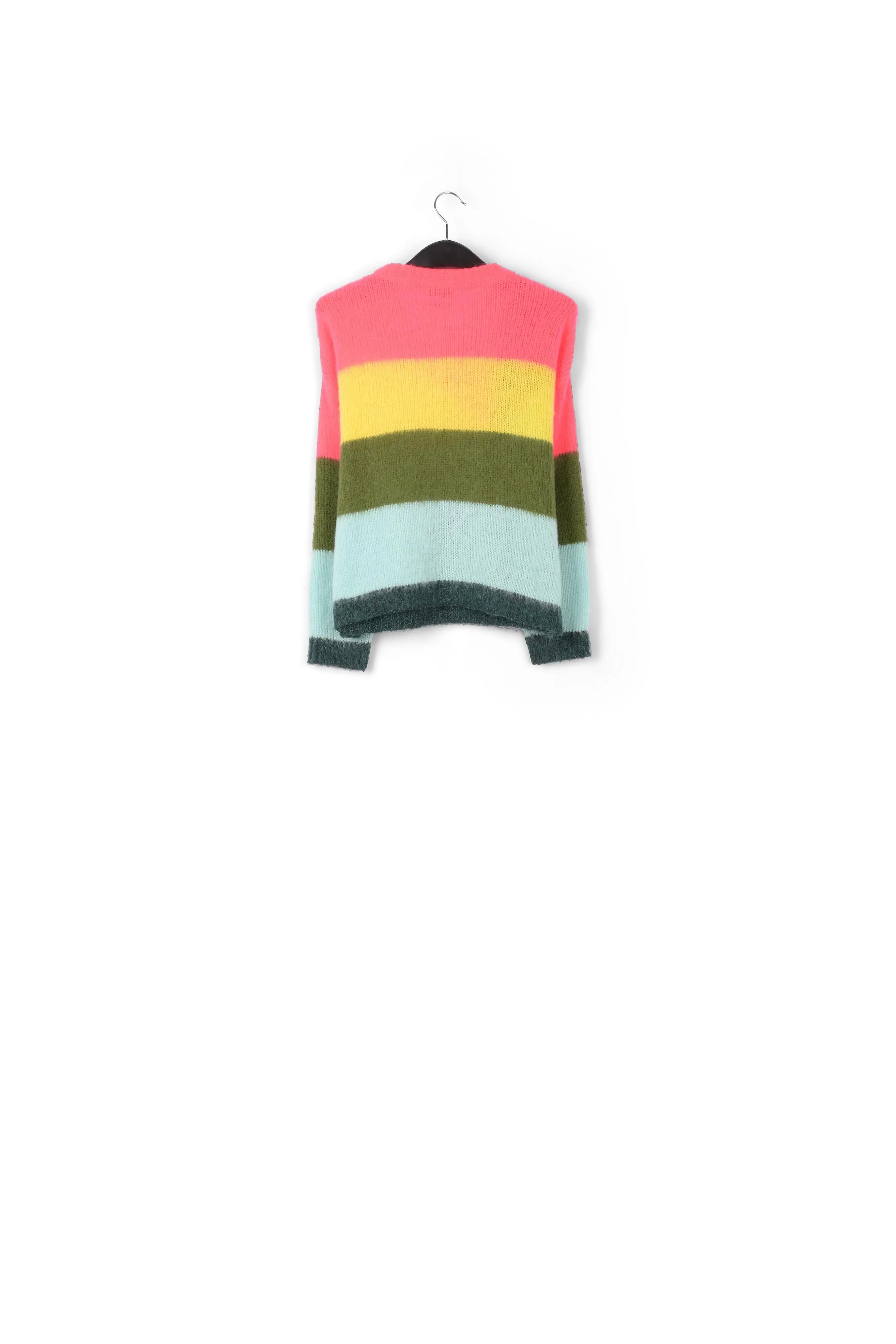 Neon pink, light blue and yellow intarsia-knitted sweater