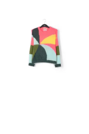 Neon pink, light blue and yellow intarsia-knitted sweater