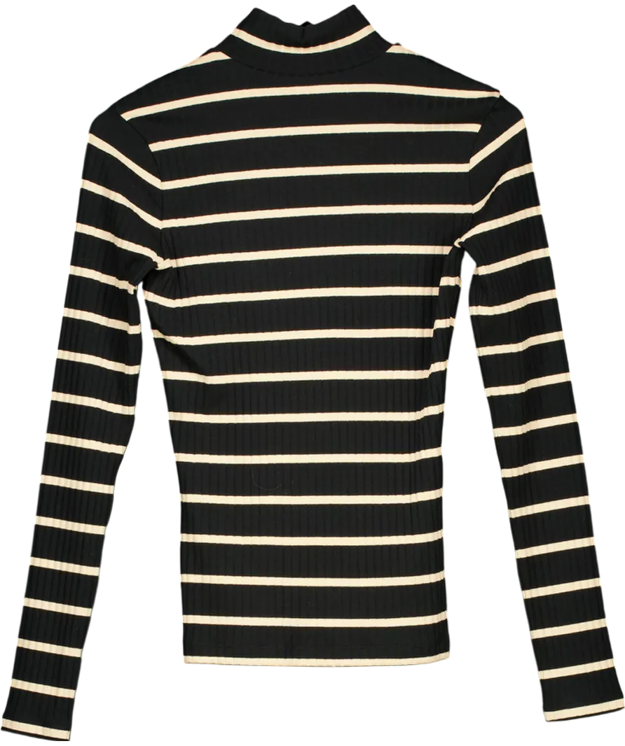 NINETY PERCENT Black Organic Cotton Ribbed Striped Roll Neck Top UK S
