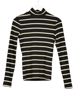 NINETY PERCENT Black Organic Cotton Ribbed Striped Roll Neck Top UK S