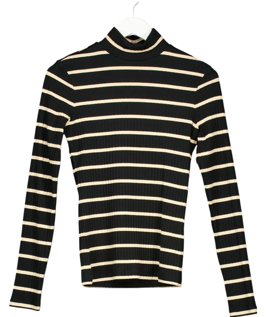 NINETY PERCENT Black Organic Cotton Ribbed Striped Roll Neck Top UK S