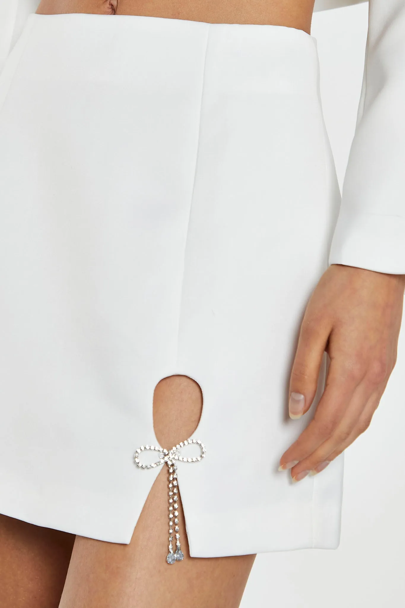 Off-White Satin Diamante Bow Mini-Skirt