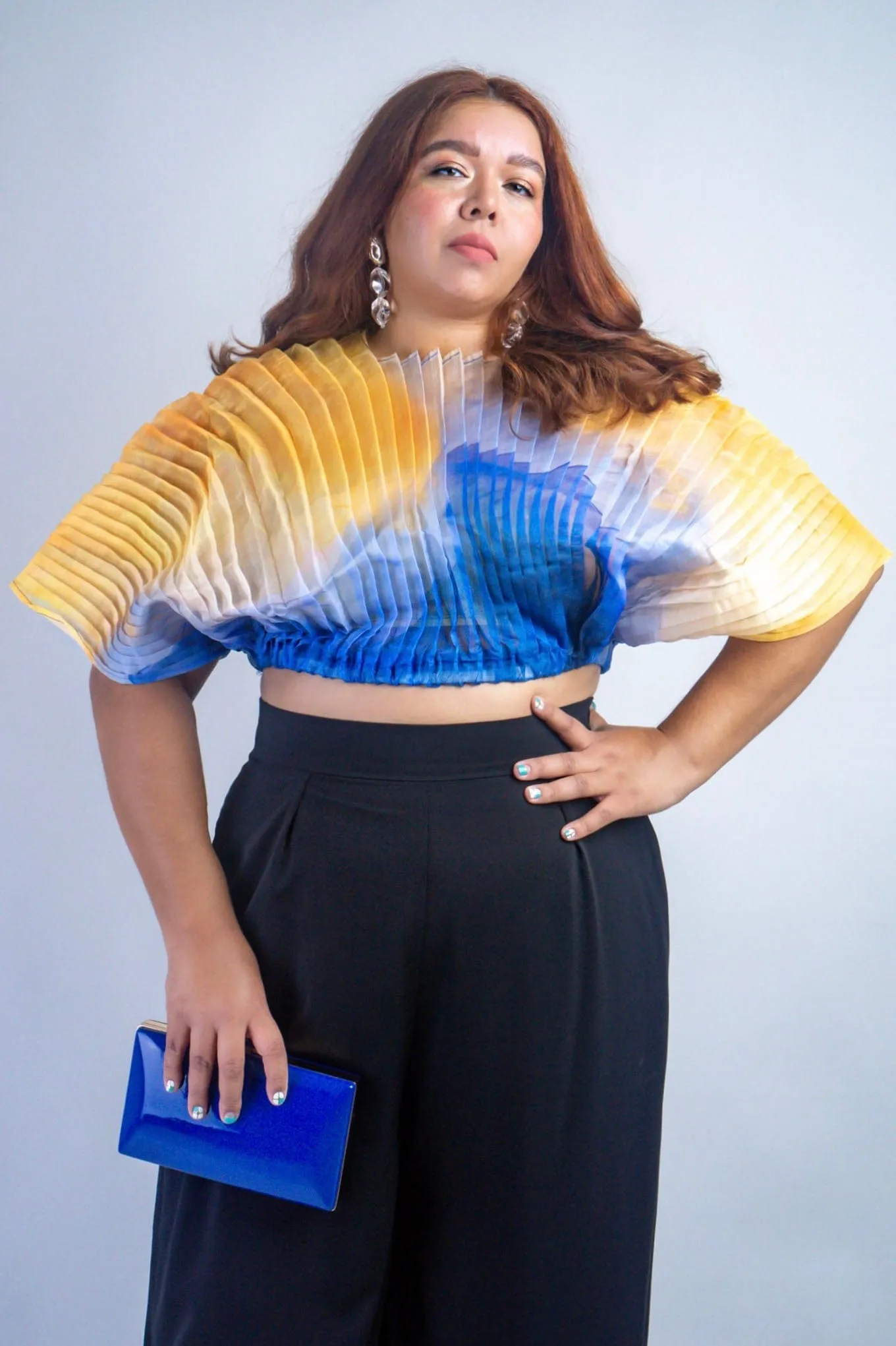 Ombre Blue/Yellow Pleated Sheer Top
