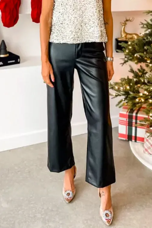 One Button Straight Leg Faux Leather Pants
