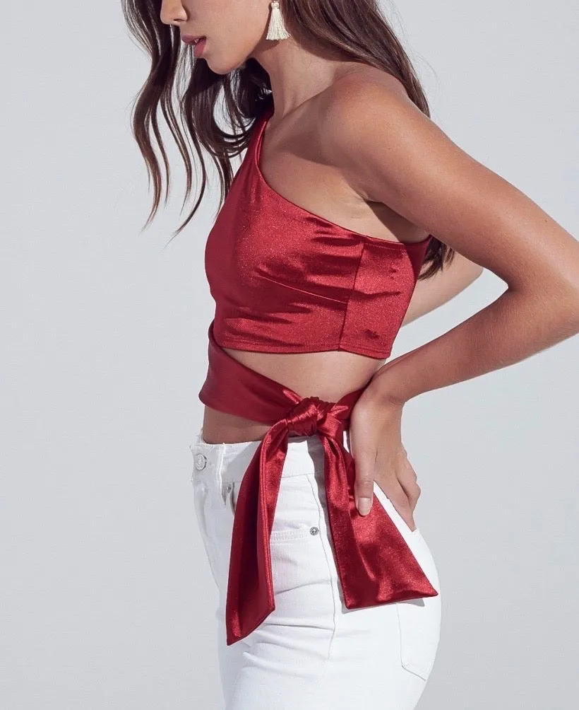 One Shoulder Tie Waist Crop Top