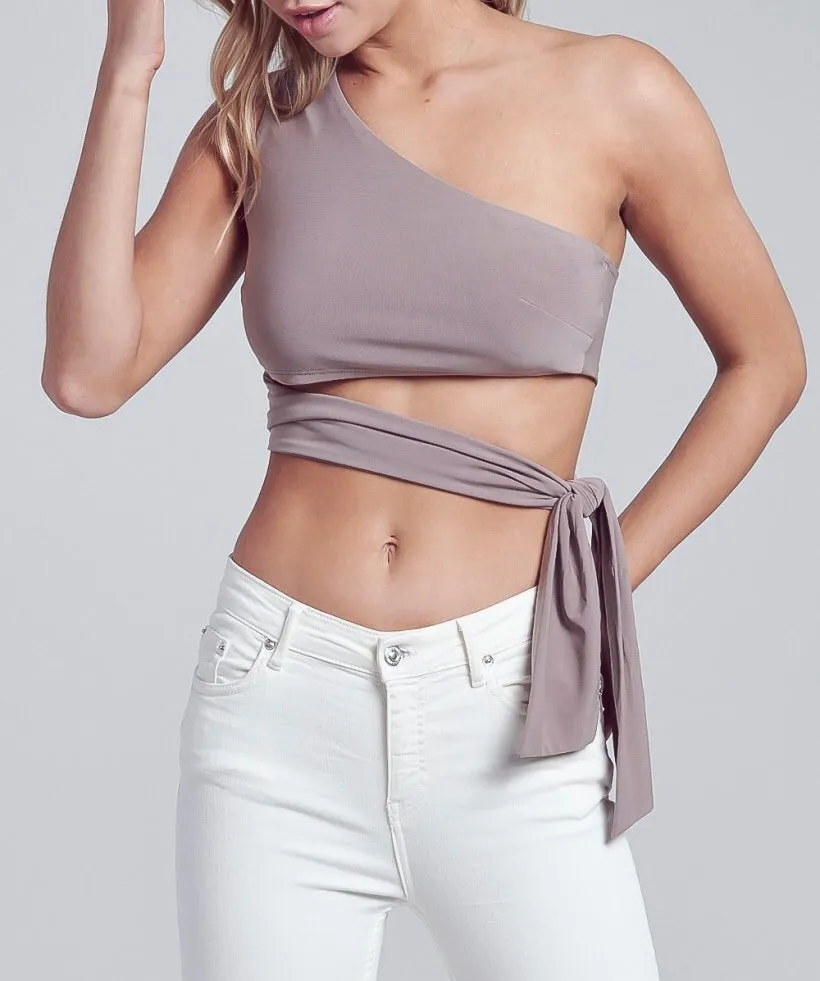One Shoulder Tie Waist Crop Top