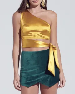 One Shoulder Tie Waist Crop Top