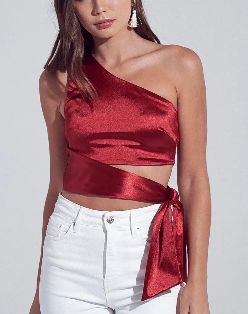 One Shoulder Tie Waist Crop Top