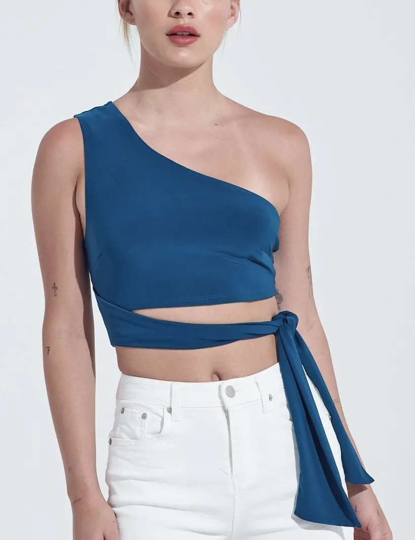 One Shoulder Tie Waist Crop Top