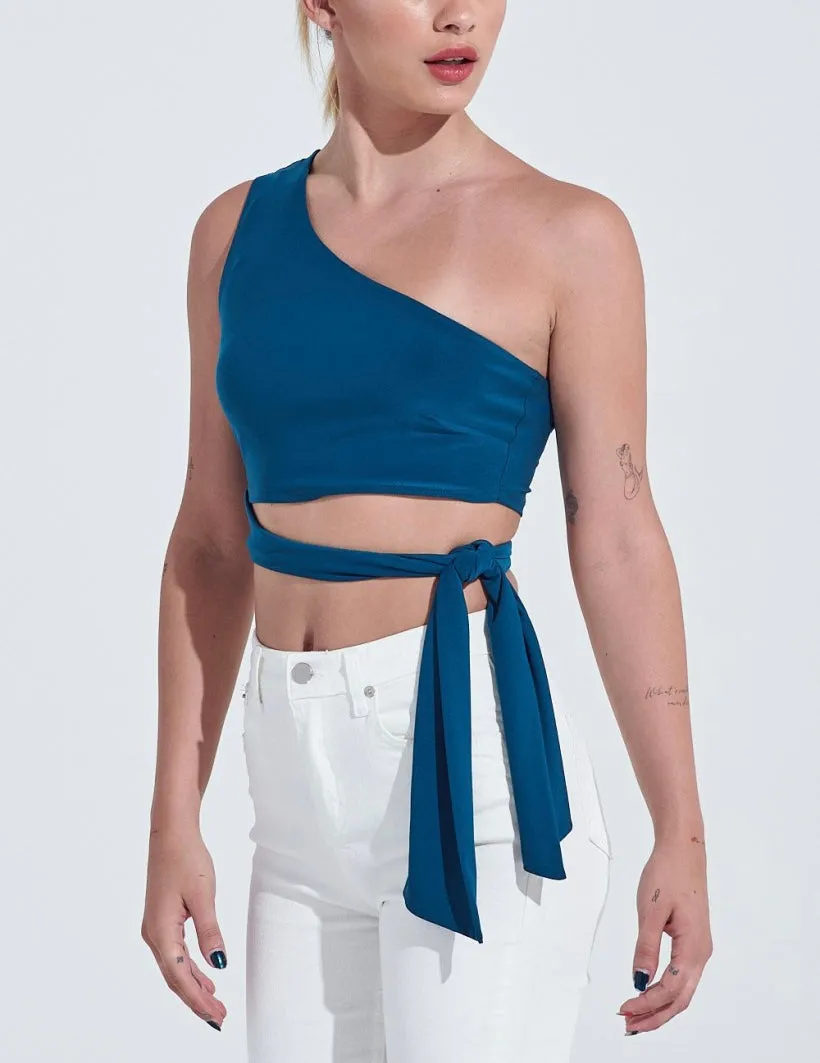 One Shoulder Tie Waist Crop Top