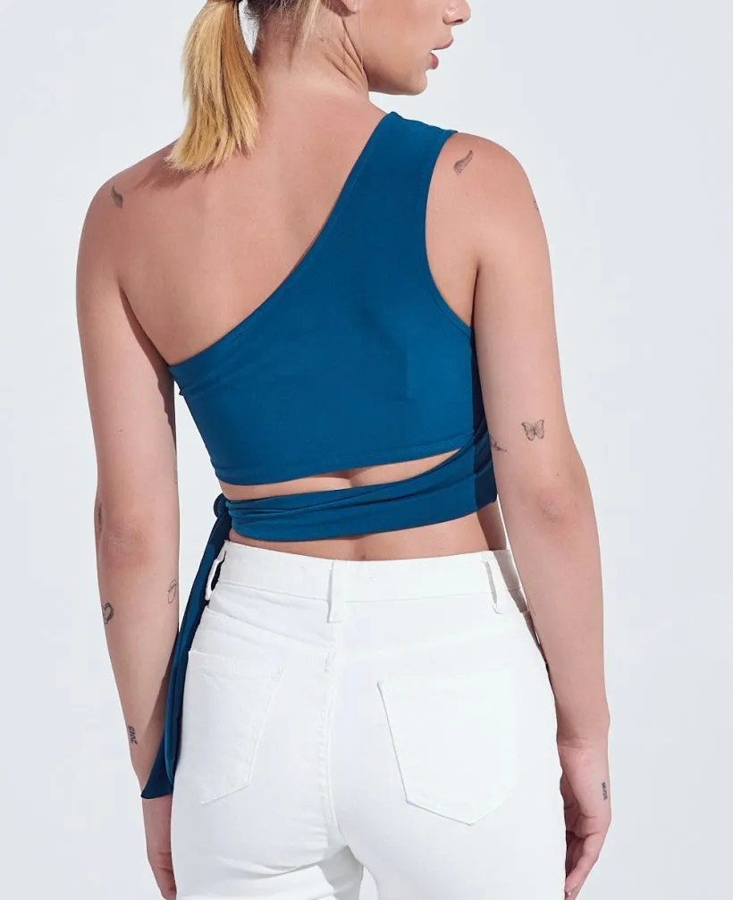 One Shoulder Tie Waist Crop Top