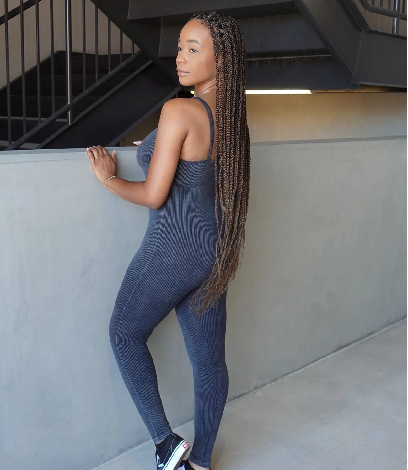 Out & About Ribbed Jumpsuit(Acid Wash Black)