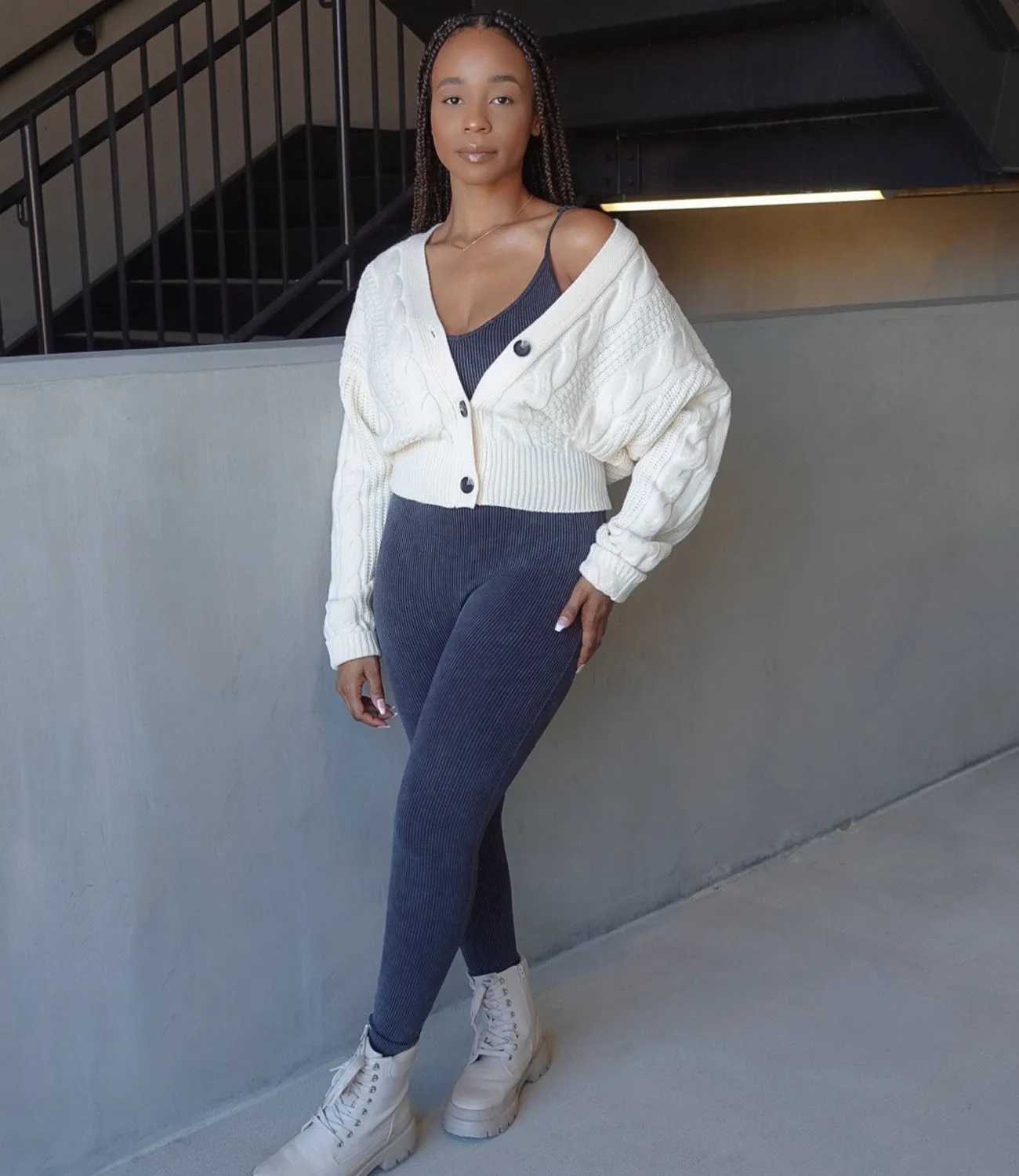 Out & About Ribbed Jumpsuit(Acid Wash Black)