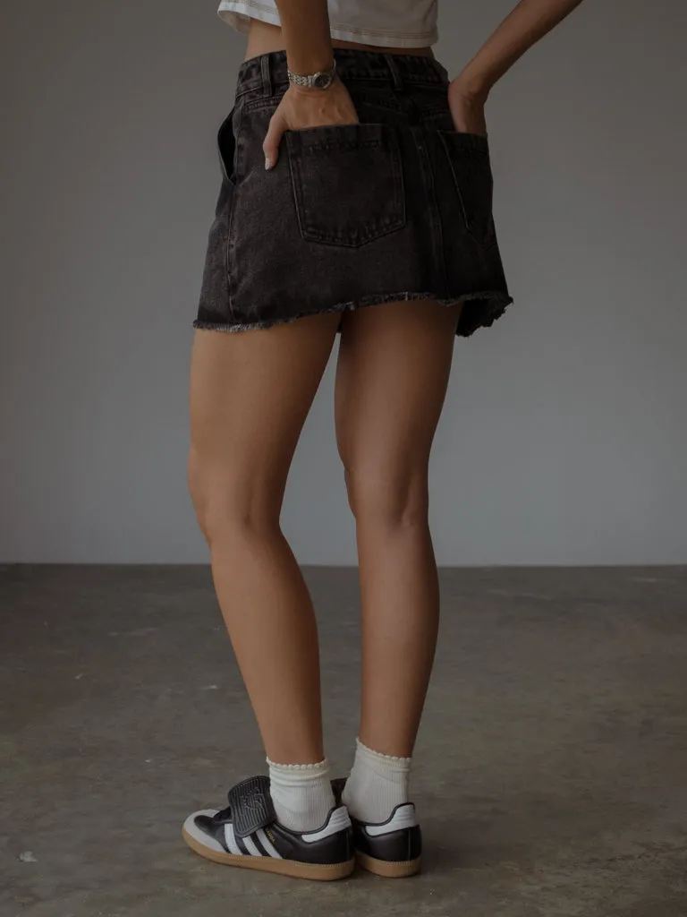 PANELLED DENIM MINI SKIRT  - BLACK