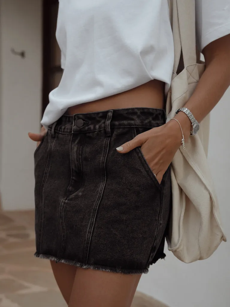 PANELLED DENIM MINI SKIRT  - BLACK