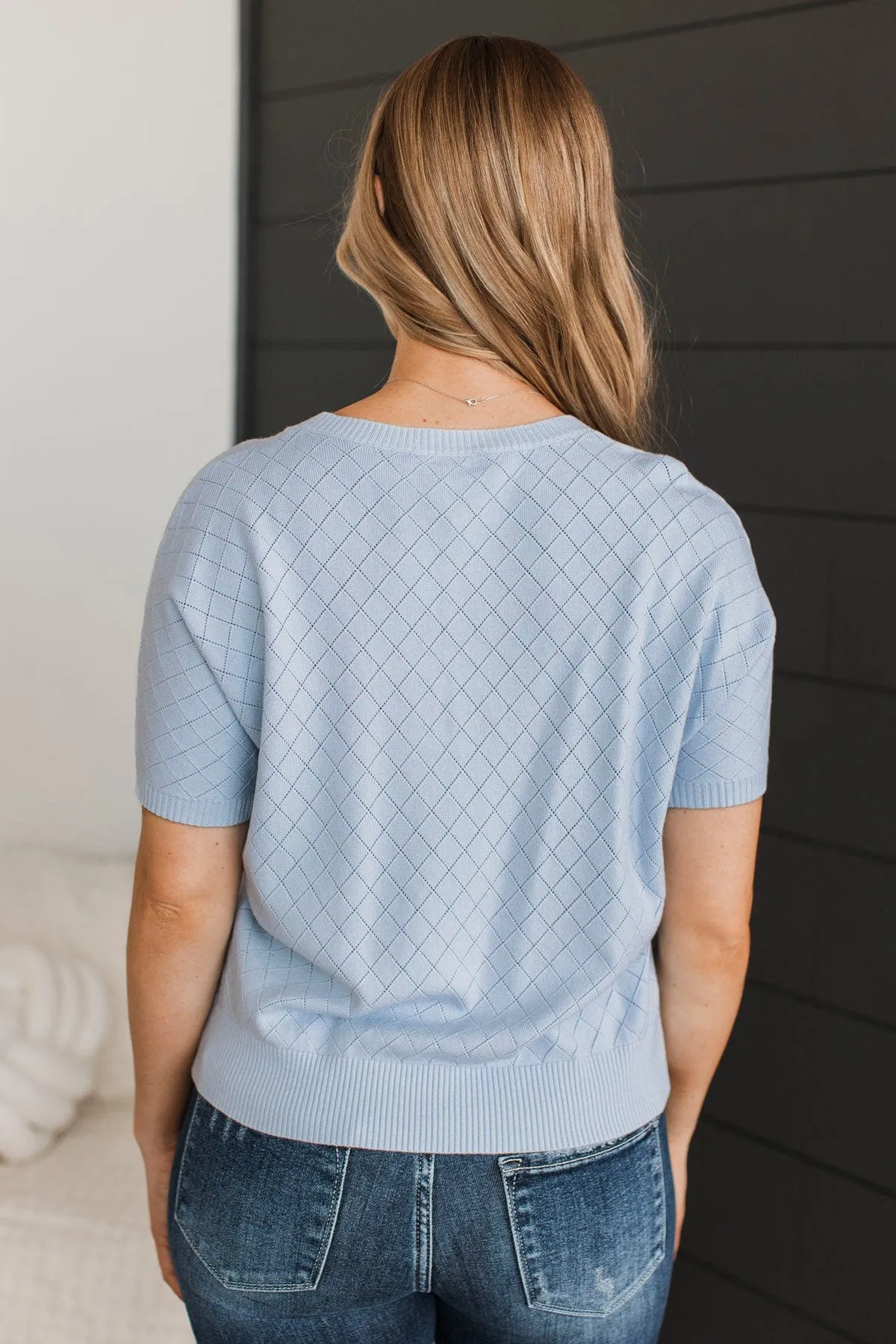Pay Your Dues Pointelle Knit Top- Powder Blue