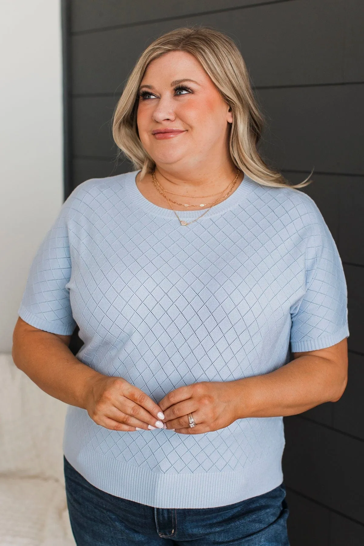 Pay Your Dues Pointelle Knit Top- Powder Blue