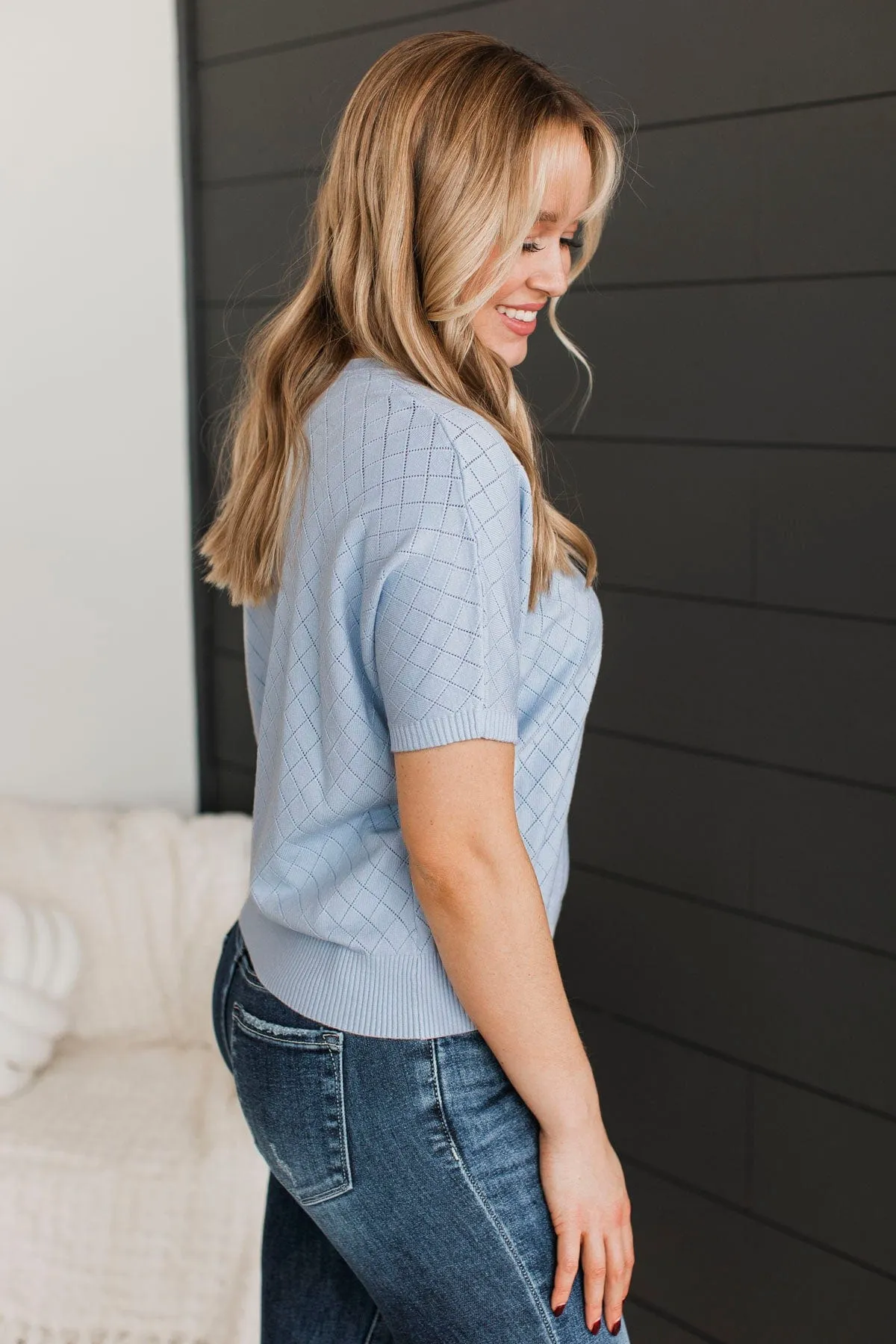 Pay Your Dues Pointelle Knit Top- Powder Blue