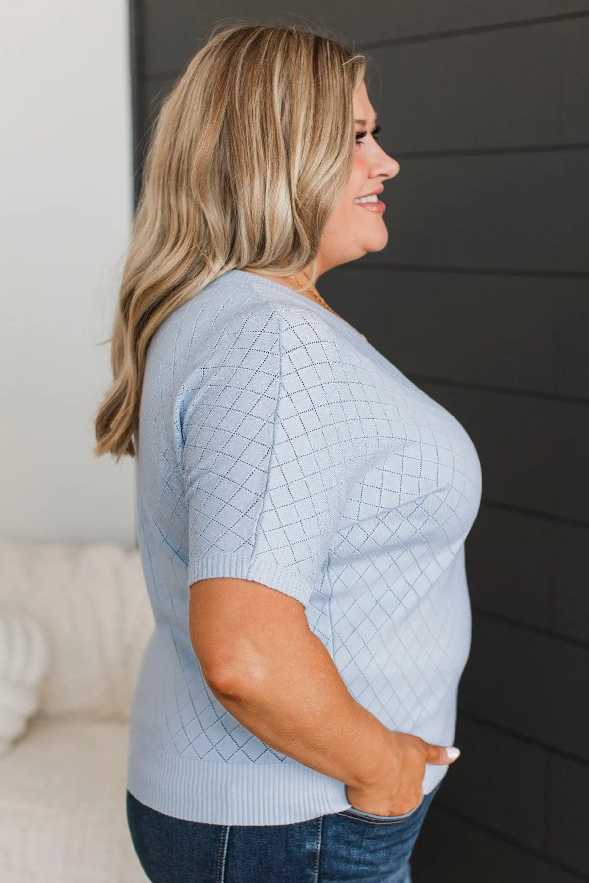 Pay Your Dues Pointelle Knit Top- Powder Blue