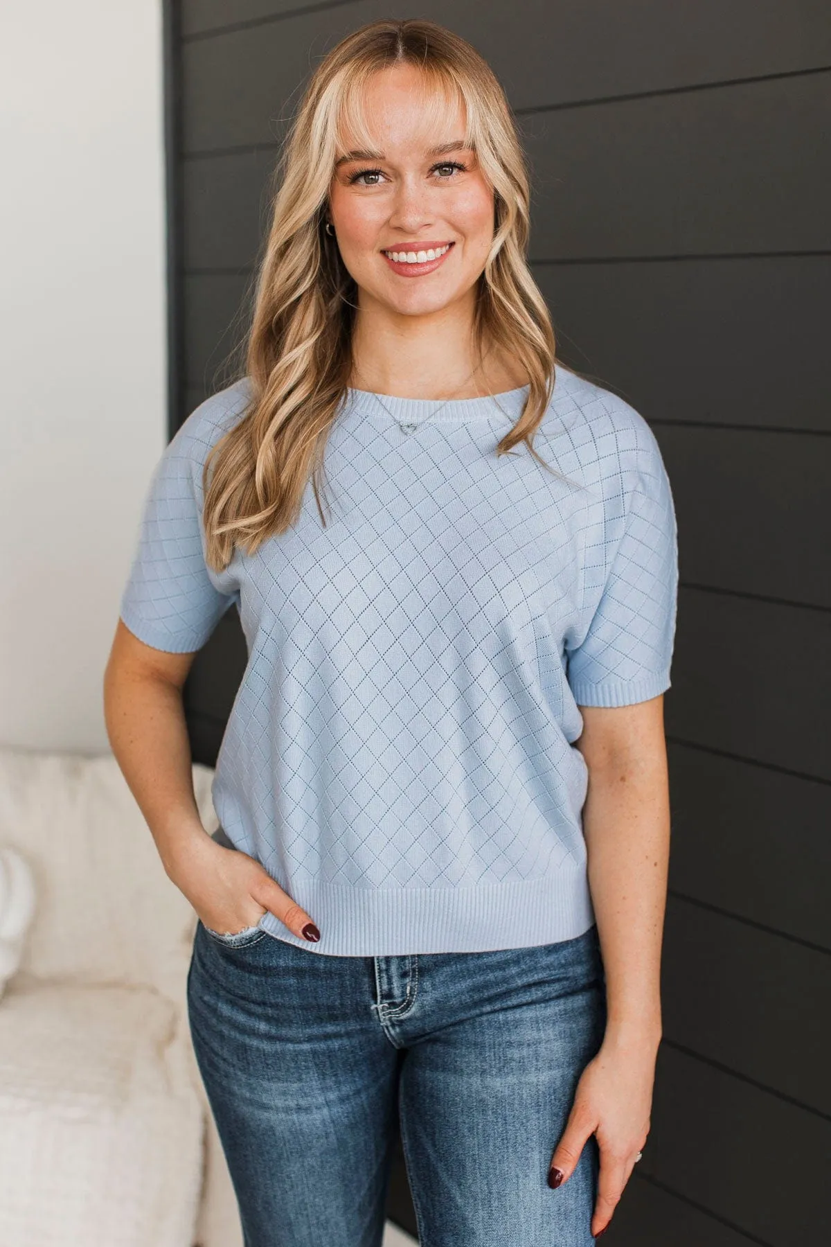 Pay Your Dues Pointelle Knit Top- Powder Blue