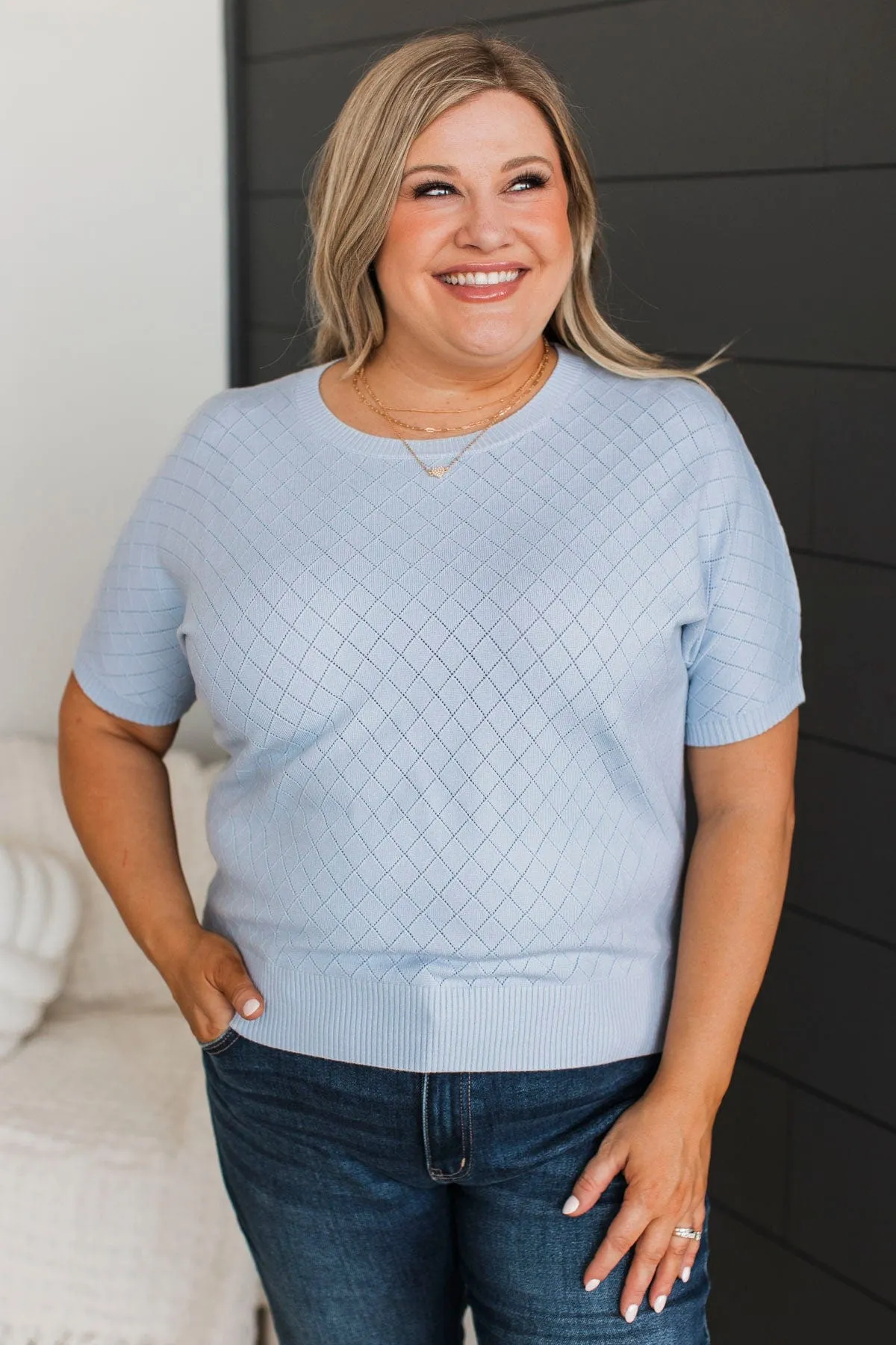 Pay Your Dues Pointelle Knit Top- Powder Blue