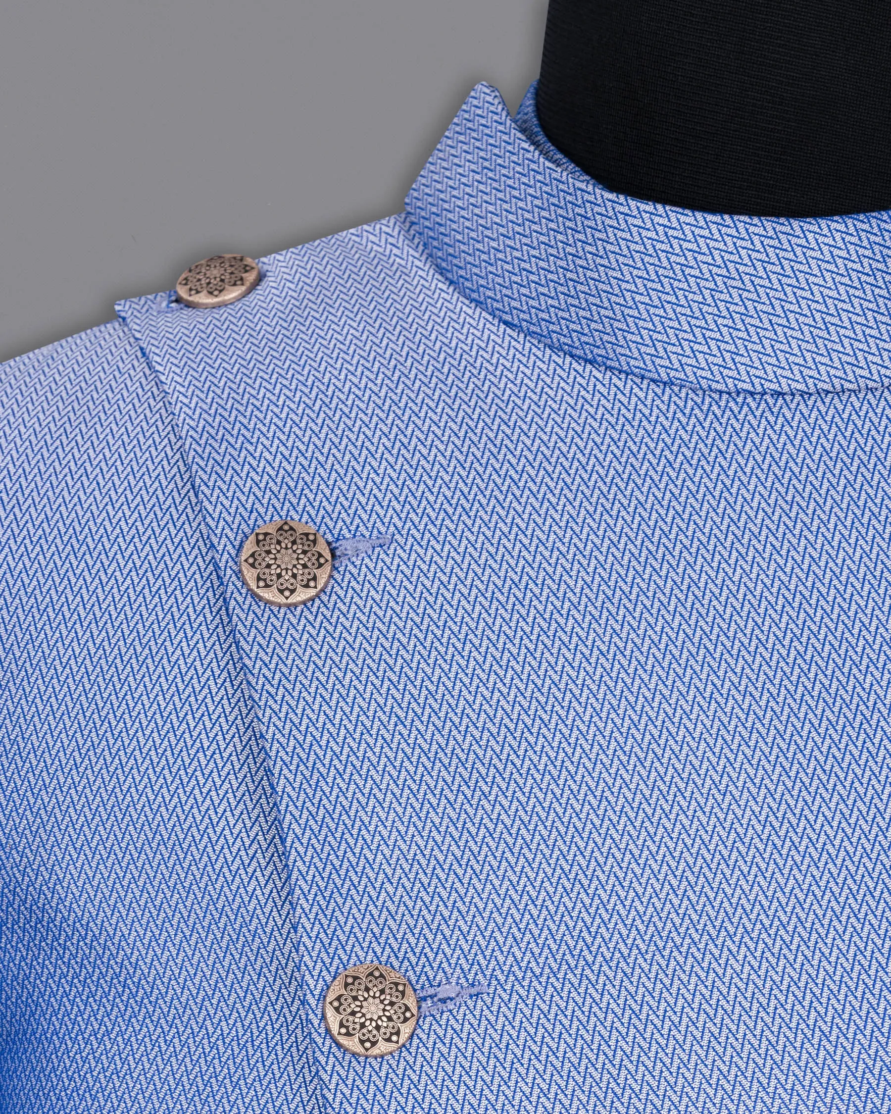 Perano Blue Chevron Textured Cross Buttoned Bandhgala Designer Blazer