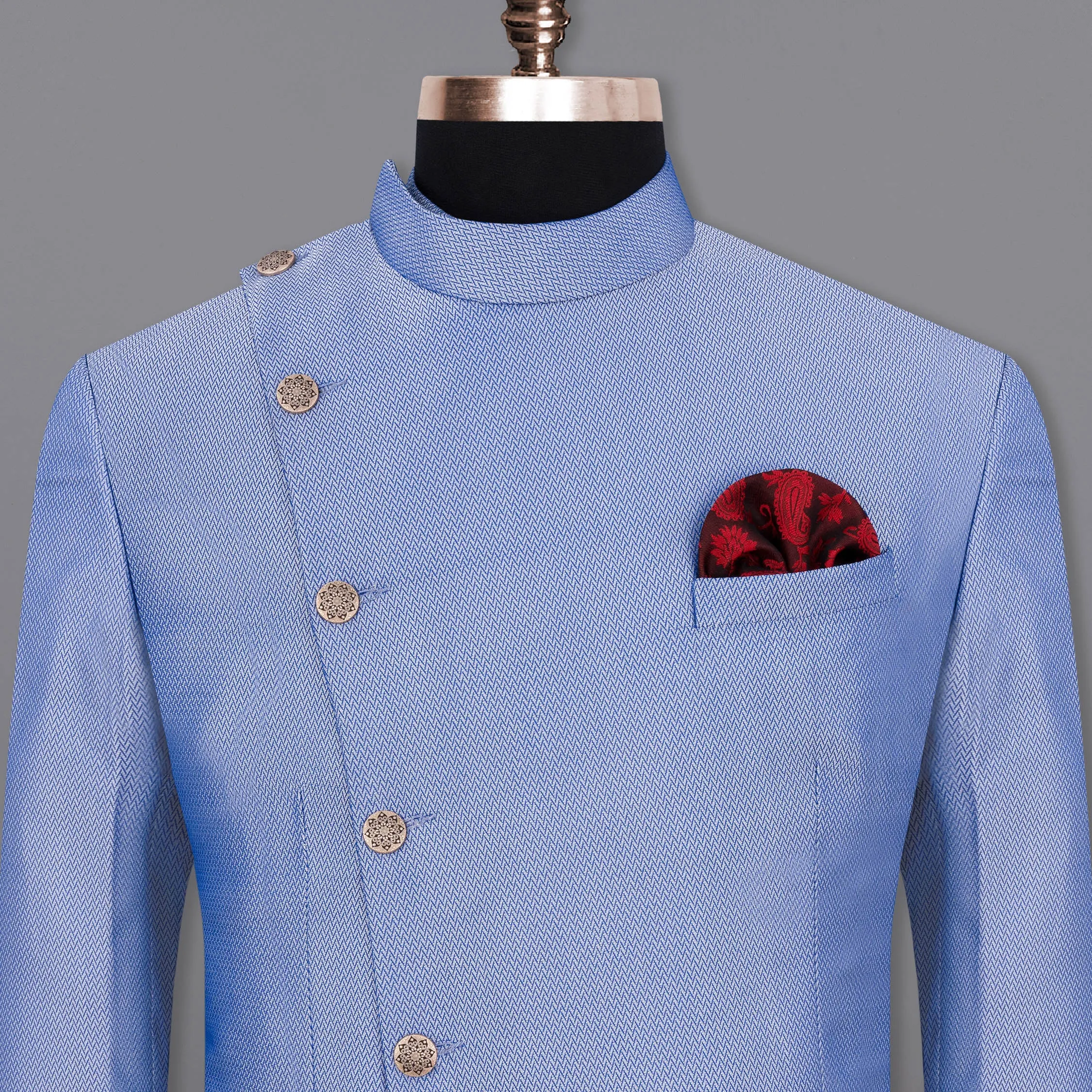 Perano Blue Chevron Textured Cross Buttoned Bandhgala Designer Blazer