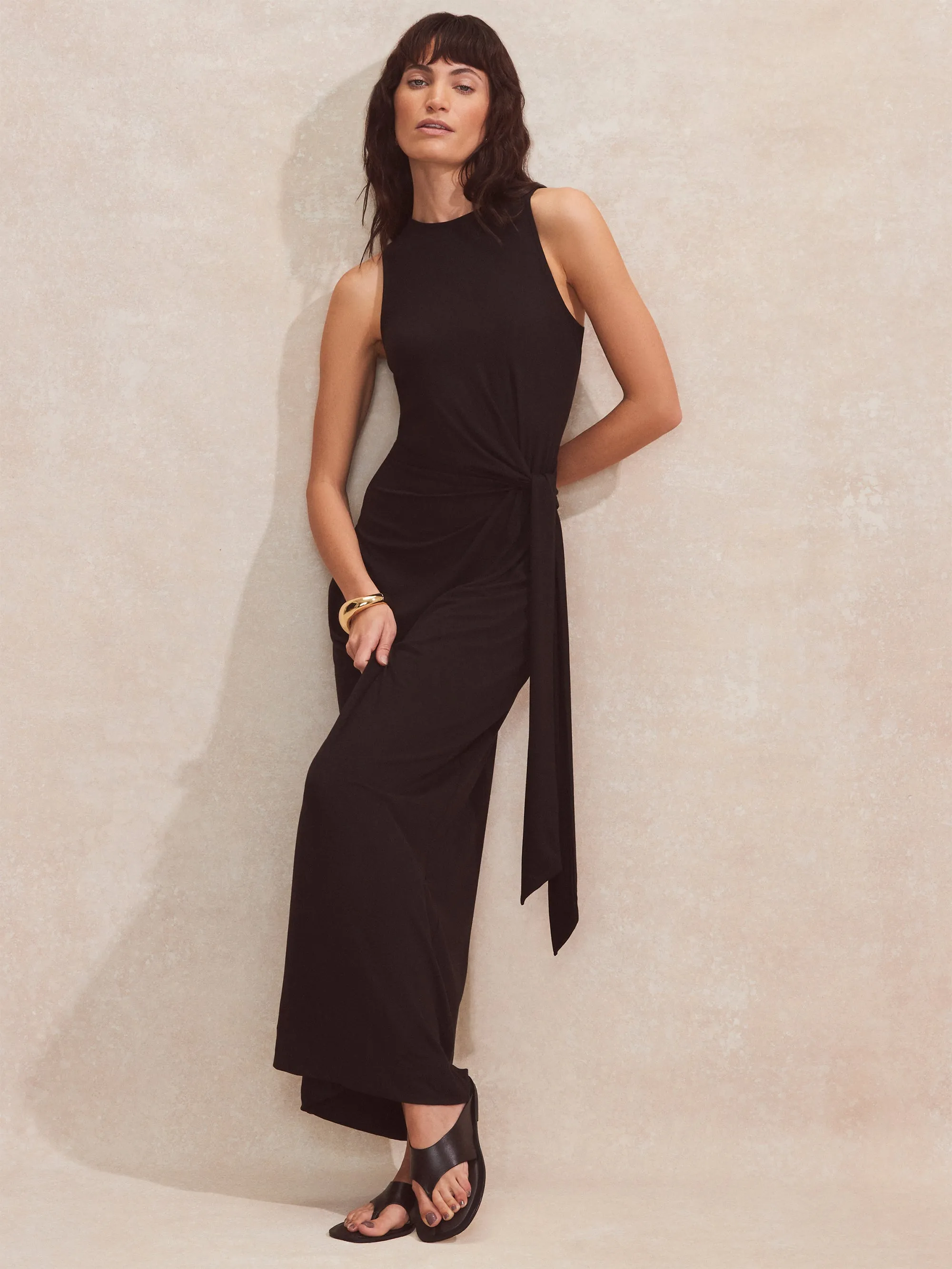 Petite Black Wrap-Detail Jersey Dress
