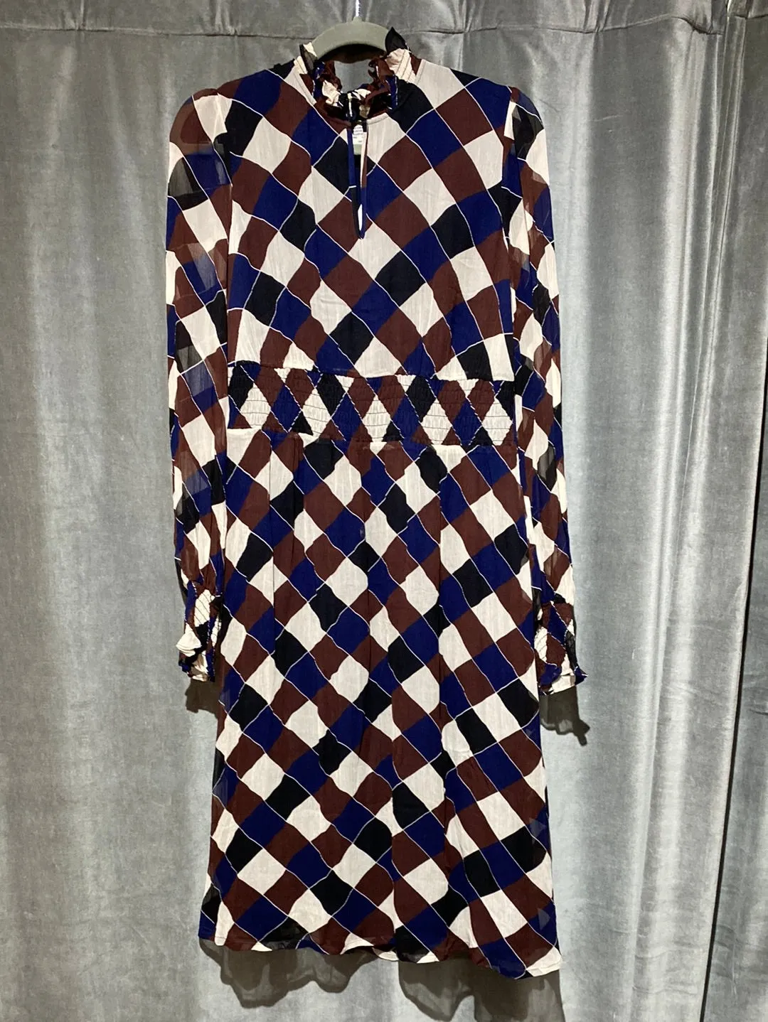 Pferdgarten Maroon and Navy Long sleeve mock neck diagnal checkerboard dress