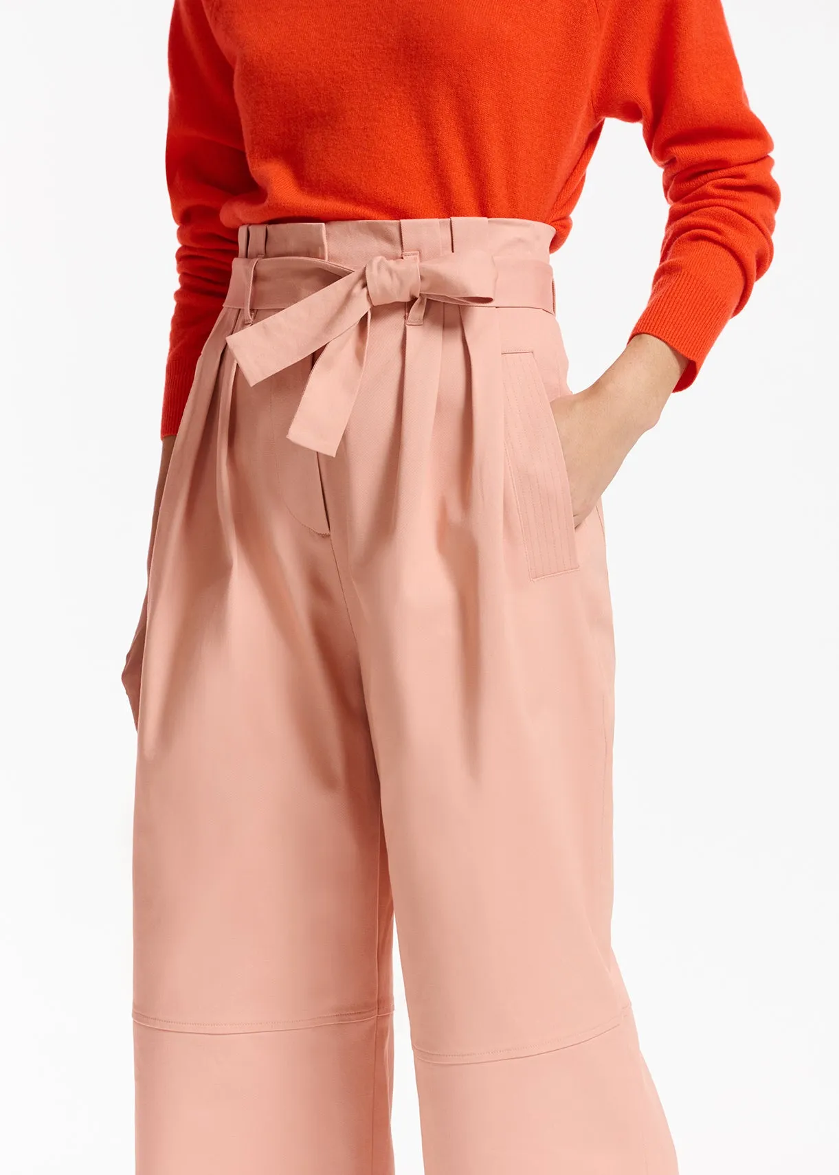 Pink belted straight-leg pants