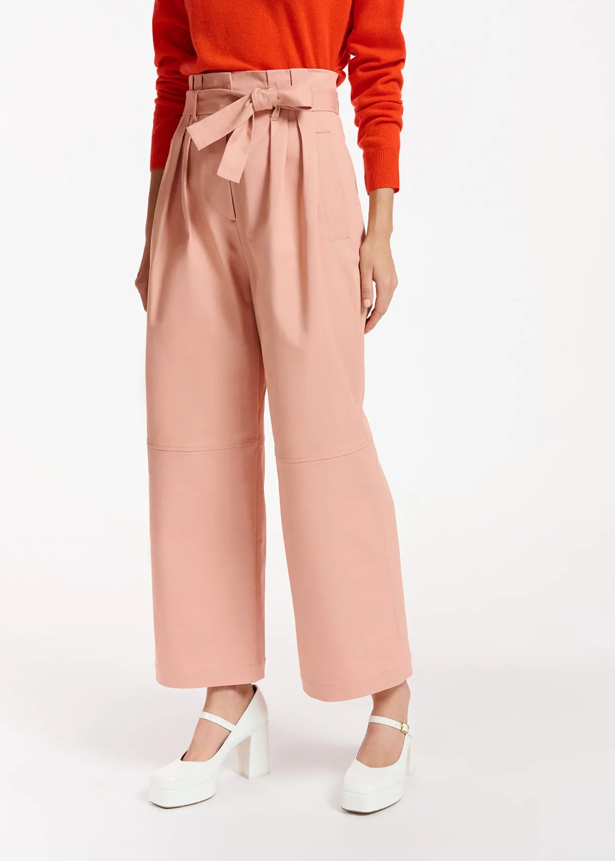Pink belted straight-leg pants