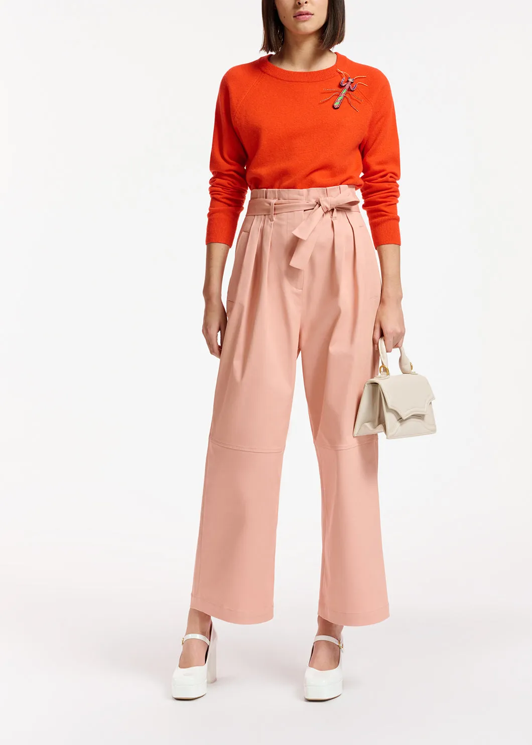Pink belted straight-leg pants