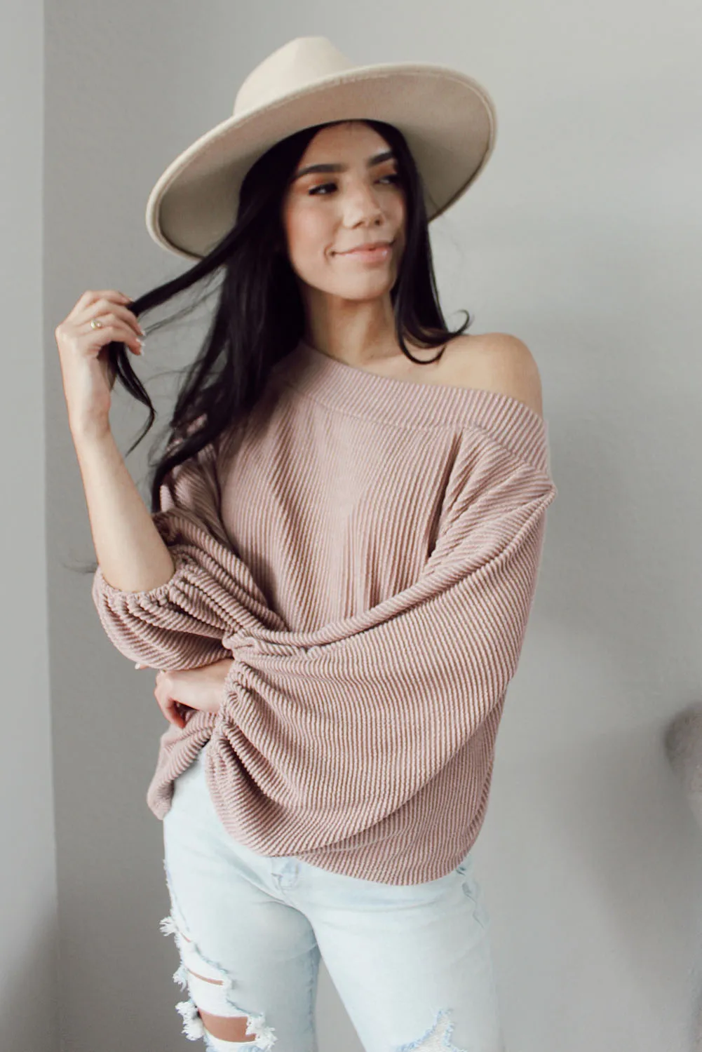 Pink One-Shoulder Balloon Sleeve Ribbed Blouse
