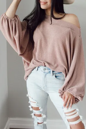 Pink One-Shoulder Balloon Sleeve Ribbed Blouse
