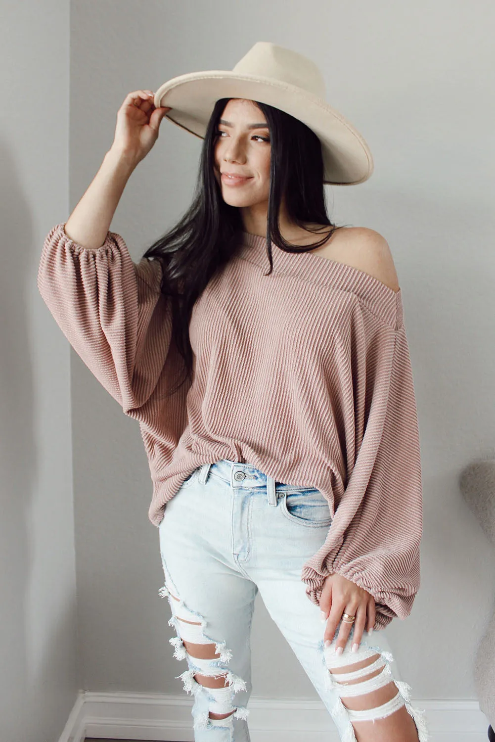 Pink One-Shoulder Balloon Sleeve Ribbed Blouse